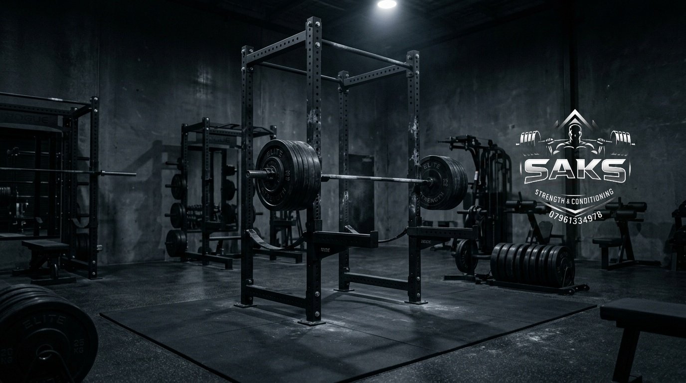 Cinematic luxury gym setting with SAKS emblem